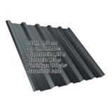 Trapezblech T35DR anthrazitgrau mit 50 µm PURMAT® Beschichtung und eingeblendeten Produktdaten