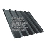Trapezblech T35DR anthrazitgrau, 0,40 mm Stahl, mit eingeblendeten Eckdaten zu Material und Garantie