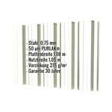 Trapezblech T35DR Wand Grauweiß mit eingeblendeten Eckdaten zu Material, Stärke, Beschichtung und Garantie