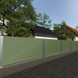 Sichtschutzzaun aus Trapezblech T35DR Wand Resedagrün, im Garten verbaut