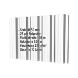 Trapezblech T35DR Wand Lichtgrau mit eingeblendeten Eckdaten zu Material, Staerke, Beschichtung und Massen