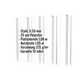 Trapezblech T35DR Reinweiß mit eingeblendeten technischen Daten: Stahl, 0,50 mm, 25 µm Polyester, Plattenbreite, Nutzbreite,