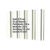 Trapezblech T35DR Wand, Grauweiß RAL 9002, mit eingeblendeten Eckdaten zu Material und Beschichtung