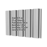 Trapezblech T35DR Wand Weißaluminium mit eingeblendeten Eckdaten zu Material, Staerke und Beschichtung