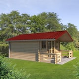 Trapezblech T35M kirschrot als Dach auf einem Gartenhaus, Anwendungsbeispiel