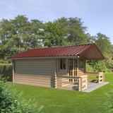 Trapezblech T35M rotbraun auf einem Gartenhaus, Dachverlegung, seitliche Ansicht