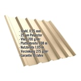 Trapezblech T35M Hellelfenbein RAL 1015 mit eingeblendeten Eckdaten zu Material, Beschichtung und Massen