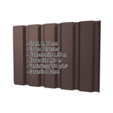 Trapezblech T35M Wand Schokoladenbraun RAL 8017 mit eingeblendeten Eckdaten zu Material, Staerke und Garantie