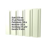 Trapezblech T35M Wand Grauweiß RAL 9002 mit eingeblendeten Eckdaten wie Material, Stärke und Beschichtung