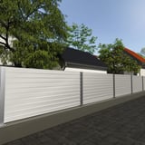 Trapezblech T35M Wand Grauweiß RAL 9002 als Sichtschutzzaun in einem Garten