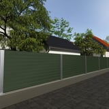 Trapezblech T35M Wand Chromoxidgrün als Zaunverkleidung in einer Wohnsiedlung mit Bäumen