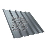 Trapezblech T35MD Fenstergrau mit eingeblendeten Eckdaten zu Material, Beschichtung und Massen