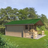 Trapezblech T35MD Gruen auf einem Gartenhaus, Verlegung am Dach