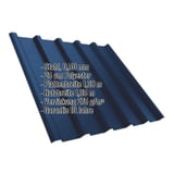 Trapezblech T35MD Enzianblau mit eingeblendeten technischen Daten wie Material, Stärke und Beschichtung