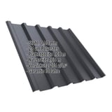 Trapezblech T35MD Graphitgrau, 0,50 mm Stahl, mit eingeblendeten Eckdaten zu Material und Beschichtung