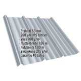 Trapezblech T45/333M Fenstergrau mit eingeblendeten Eckdaten wie Material, Staerke und Beschichtung