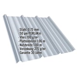 Trapezblech T45/333M in Weißaluminium, 0,75 mm Stahl, mit eingeblendeten Eckdaten