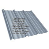 Trapezblech T45/333M Fehgrau mit eingeblendeten Eckdaten zu Material, Beschichtung und Massen