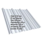 Trapezblech T45/333M Lichtgrau RAL 7035 mit Polyesterbeschichtung, Eckdaten eingeblendet