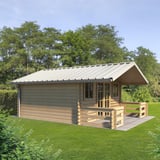 Trapezblech T45/333M in Reinweiß als Dacheindeckung auf einem Gartenhaus mit Veranda