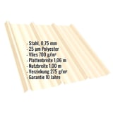 Trapezblech T45/333M Hellelfenbein mit eingeblendeten Eckdaten zu Material, Staerke, Vlies und Massen