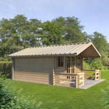 Trapezblech T45/333M Hellelfenbein auf dem Dach eines kleinen Holzhauses mit Terrasse im Garten