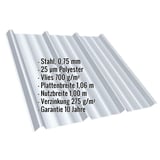 Trapezblech T45/333M Lichtgrau RAL 7035 mit Polyesterbeschichtung, 0,75 mm Stahl, Eckdaten eingeblendet