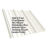 Trapezblech T45/333M Reinweiß RAL 9010 mit eingeblendeten Eckdaten zu Material, Stärke, Beschichtung und Maßen