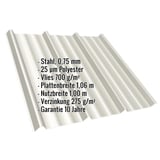Trapezblech T45/333M grauweiß, 0,75 mm Stahl mit 25 µm Polyesterbeschichtung, Eckdaten eingeblendet
