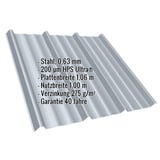 Trapezblech T45/333MD Fenstergrau mit eingeblendeten Eckdaten zu Material, Staerke und Beschichtung