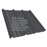 Trapezblech T45/333MD, Stahl 0,50 mm, Schwarz Mattpolyester, mit eingeblendeten technischen Daten
