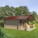 Trapezblech T45/333MD in Rotbraun auf einem Gartenhaus mit Veranda, grüne Umgebung