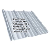 Trapezblech T45/333MD aus Stahl 0,75 mm in Weißaluminium, mit PURLAK Beschichtung, Eckdaten eingeblendet