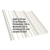 Trapezblech T45/333MD Reinweiß, 0,50 mm, mit eingeblendeten Eckdaten zu Material, Beschichtung und Massen