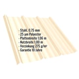 Trapezblech T45/333MD Hellelfenbein mit eingeblendeten Eckdaten zu Material, Staerke und Beschichtung