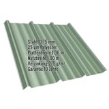 Trapezblech T45/333MD Resedagrün, 0,75 mm Stahl, mit eingeblendeten Eckdaten zu Material und Massen