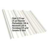 Trapezblech T45/333MD Reinweiß RAL 9010, 0,75 mm Stahl mit Polyesterbeschichtung, Eckdaten eingeblendet