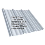 Trapezblech T45/333MD Weißaluminium (RAL 9006) mit 0,75 mm Staerke und eingeblendeten Eckdaten