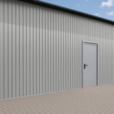 Trapezblech T7M Aluzink 0,63 mm als Wandverkleidung eines Gebaeudes mit Tuer
