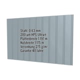 Trapezblech T7M Wand Fenstergrau mit eingeblendeten Eckdaten zu Material, Staerke und Beschichtung