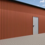 Trapezblech T7M Wand Ziegelrot als Fassadenverkleidung mit Tür an einem Gebäude