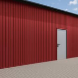 Trapezblech T7M Wand Kirschrot, 0,50 mm Stahl, PURLAK
Beschichtung, an einer Gebaeudewand mit Tuer