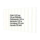 Trapezblech T7M Wand, Grauweiß RAL 9002, mit eingeblendeten Eckdaten zu Material, Stärke und Beschichtung