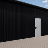Trapezblech T7M Wand 0,50 mm Schwarz PURMAT® an einer Gebaeudewand mit weisser Tuer