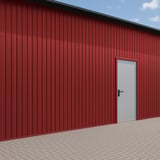 Trapezblech T7M Kirschrot als Wandverkleidung eines Gebaeudes mit Tuer