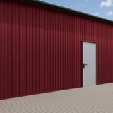 Trapezblech T7M Weinrot RAL 3005 als Wandverkleidung an einem Gebaeude mit Tuer