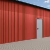 Wandverkleidung aus Trapezblech T7M Korallenrot (RAL 3016) mit weisser Tuer und schwarzem Dach