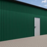 Trapezblech T7M Wand Moosgrün, 0,50 mm Stahl, als Fassadenverkleidung mit Tür