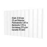Trapezblech T7M Lichtgrau mit eingeblendeten Eckdaten: Stahl, 0,50 mm, 25 µm Polyester, Plattenbreite, Nutzbreite,
