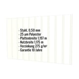 Trapezblech T7M Wand Grauweiß RAL 9002 mit eingeblendeten Eckdaten zu Material, Stärke und Beschichtung